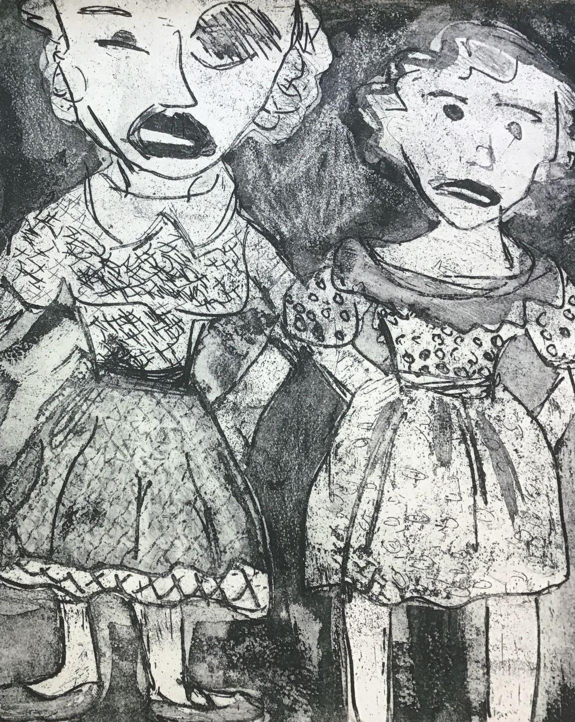 Artwork by Jessica Lenard, Three doll-like girls in a row, Made of Print