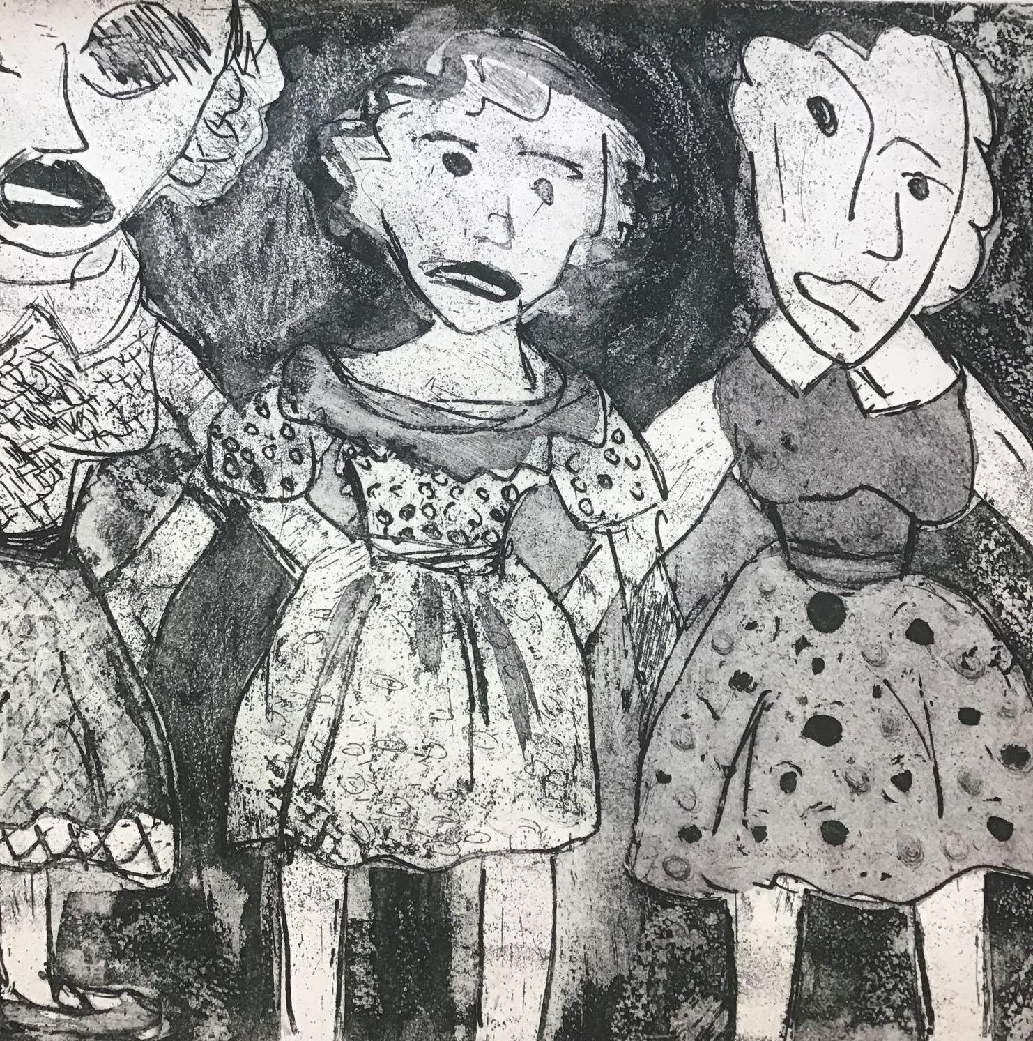 Artwork by Jessica Lenard, Three doll-like girls in a row, Made of Print
