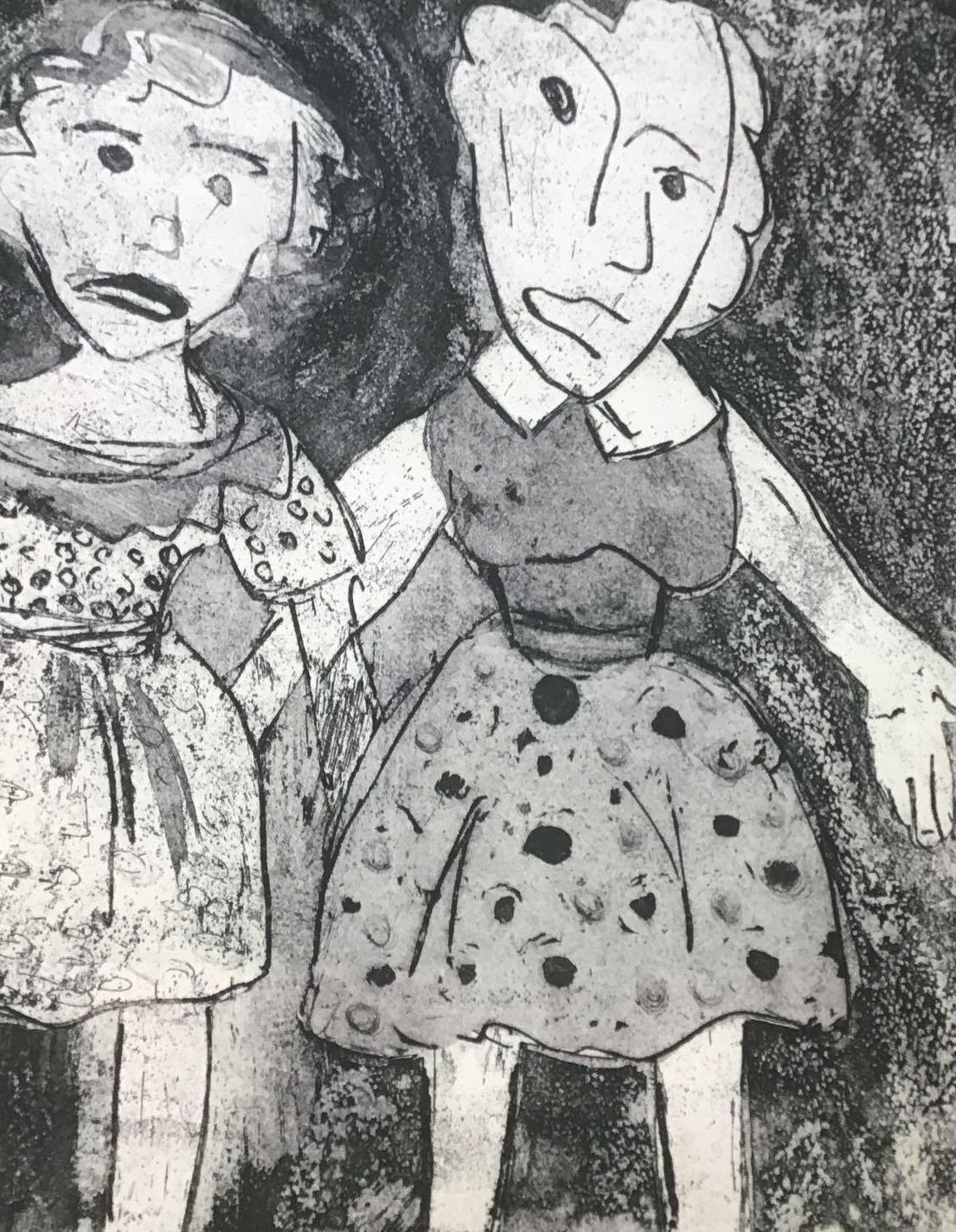 Artwork by Jessica Lenard, Three doll-like girls in a row, Made of Print