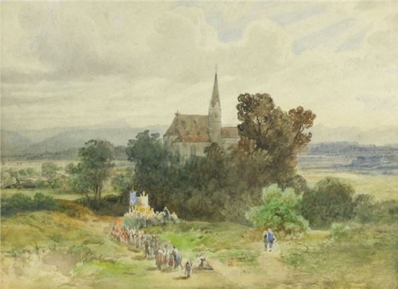 Prozession in Dettingen an der Erms, die Stiftskirche Sankt Pankratius im Hintergrund - Johannes Cornelis Jacobus Mali