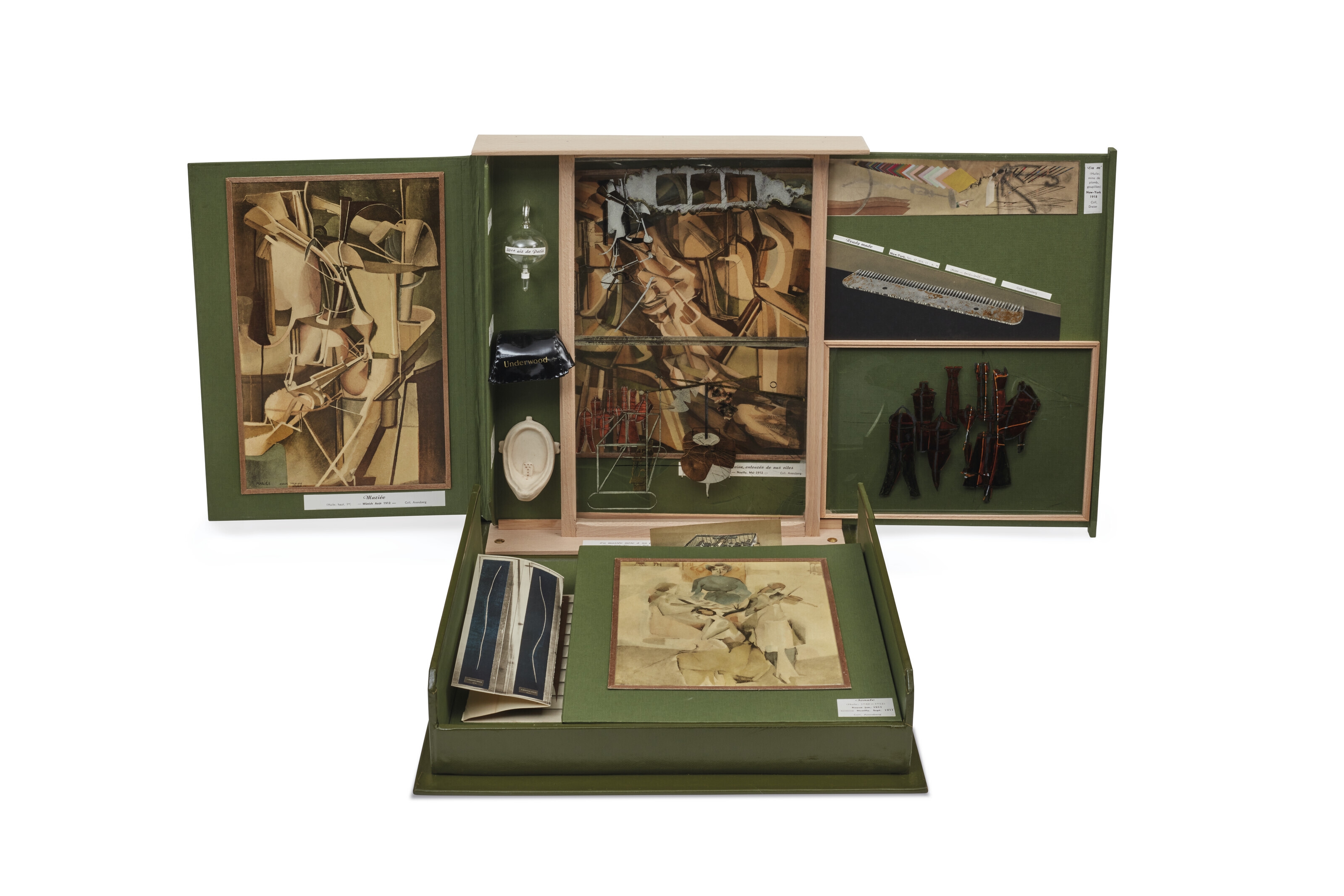 Artwork by Marcel Duchamp, De ou par Marcel Duchamp ou Rrose Sélavy (La Boîte-en-valise), series G, Made of green leather covered wooden and cardboard box with green linen lining, containing 80 miniature replicas and reproductions