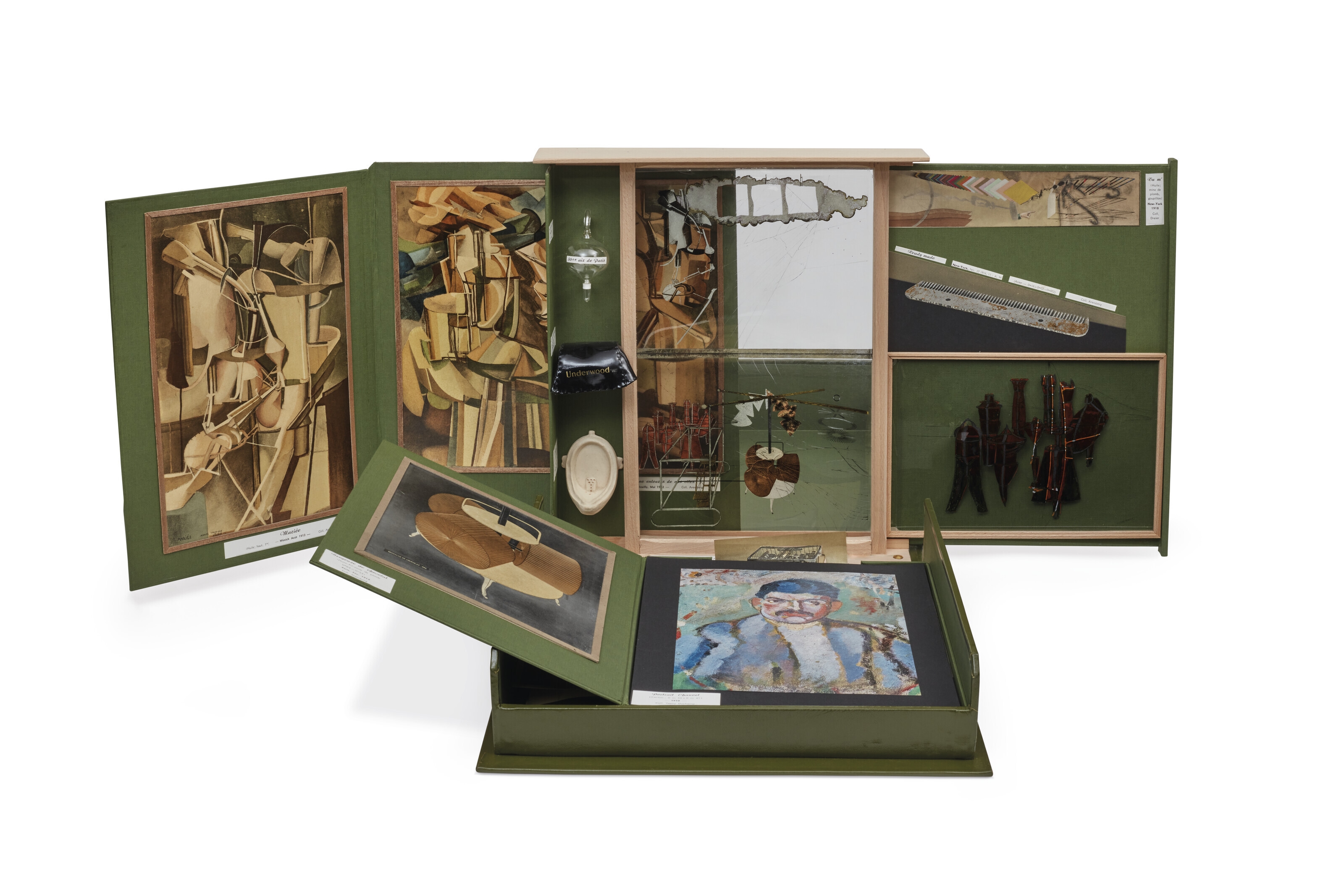 Artwork by Marcel Duchamp, De ou par Marcel Duchamp ou Rrose Sélavy (La Boîte-en-valise), series G, Made of green leather covered wooden and cardboard box with green linen lining, containing 80 miniature replicas and reproductions