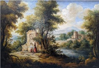 Italianate landscape with woman beside a well - M. Merini