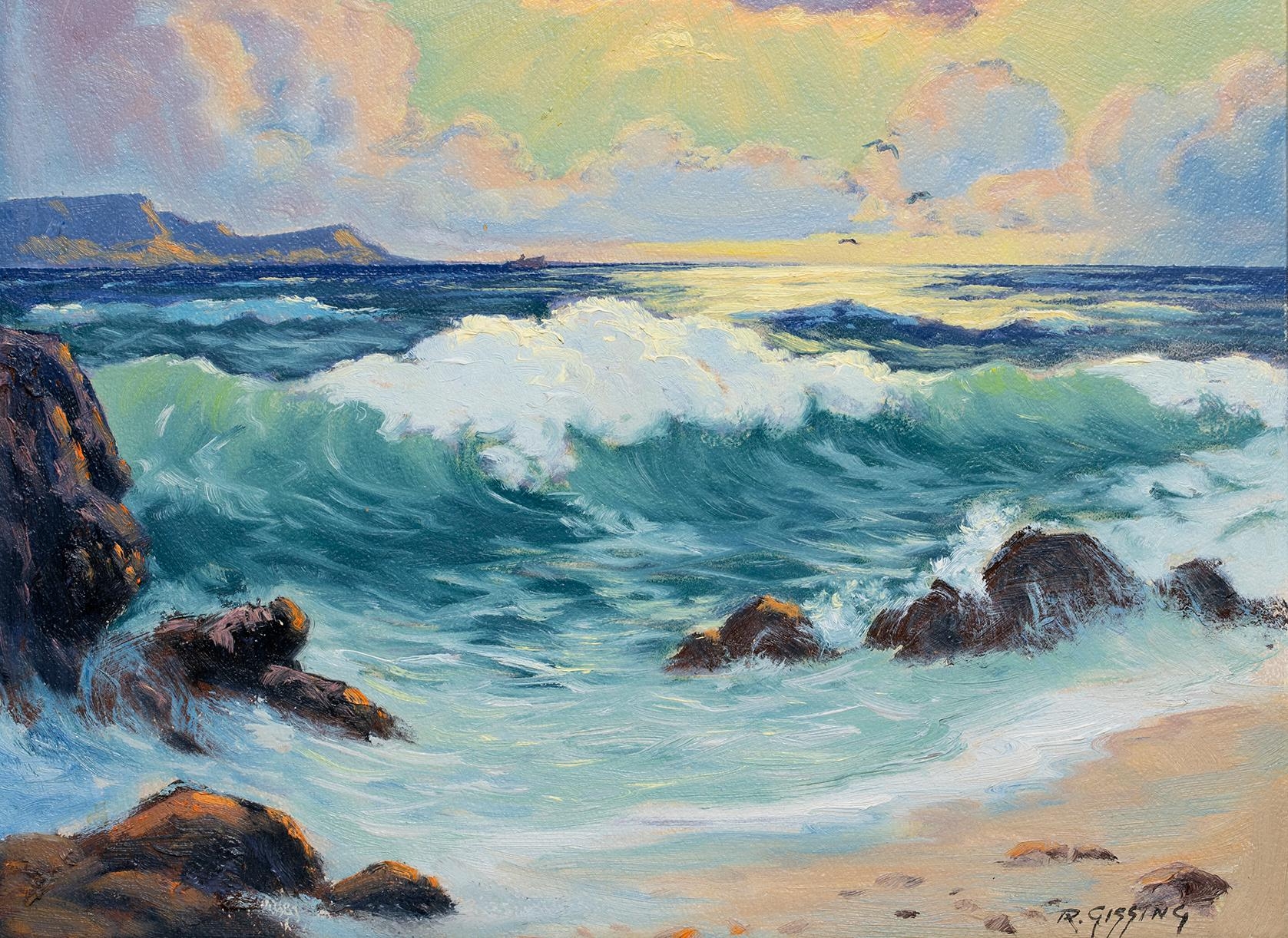 Artwork by Roland Gissing, Breakers In The Afternoon Sun, Made of Oil on paper board