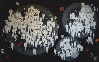 A surreal collage of white figures arranged in floating bubbles against a dark void.