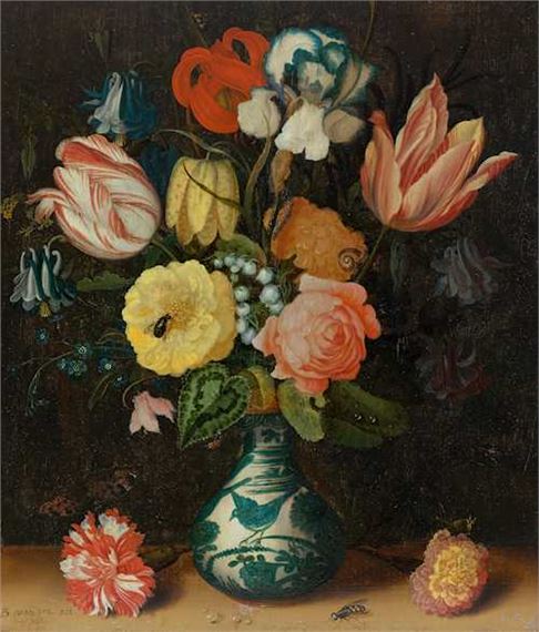 Still life with tulips, roses and carnations in a Wan-Li porcelain vase with butterflies and insects. by Balthasar van der Ast