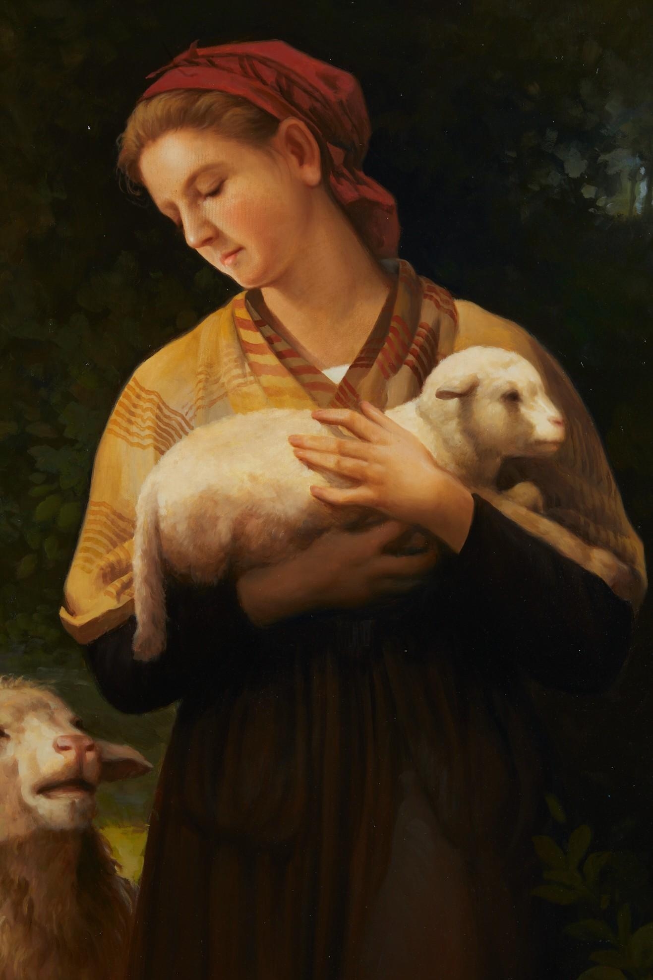 Artwork by D. Hankins, Shepherdess and sheep, Made of oil on canvas