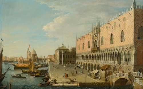 A view of Venice, with the Doge's Palace, the Ponte della Paglia and the entrance to the Grand Canal. by Canaletto