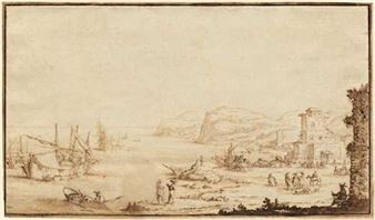 A bay with ships at anchor, with buildings and numerous figures on the shore. - Ercole Bazzicaluva