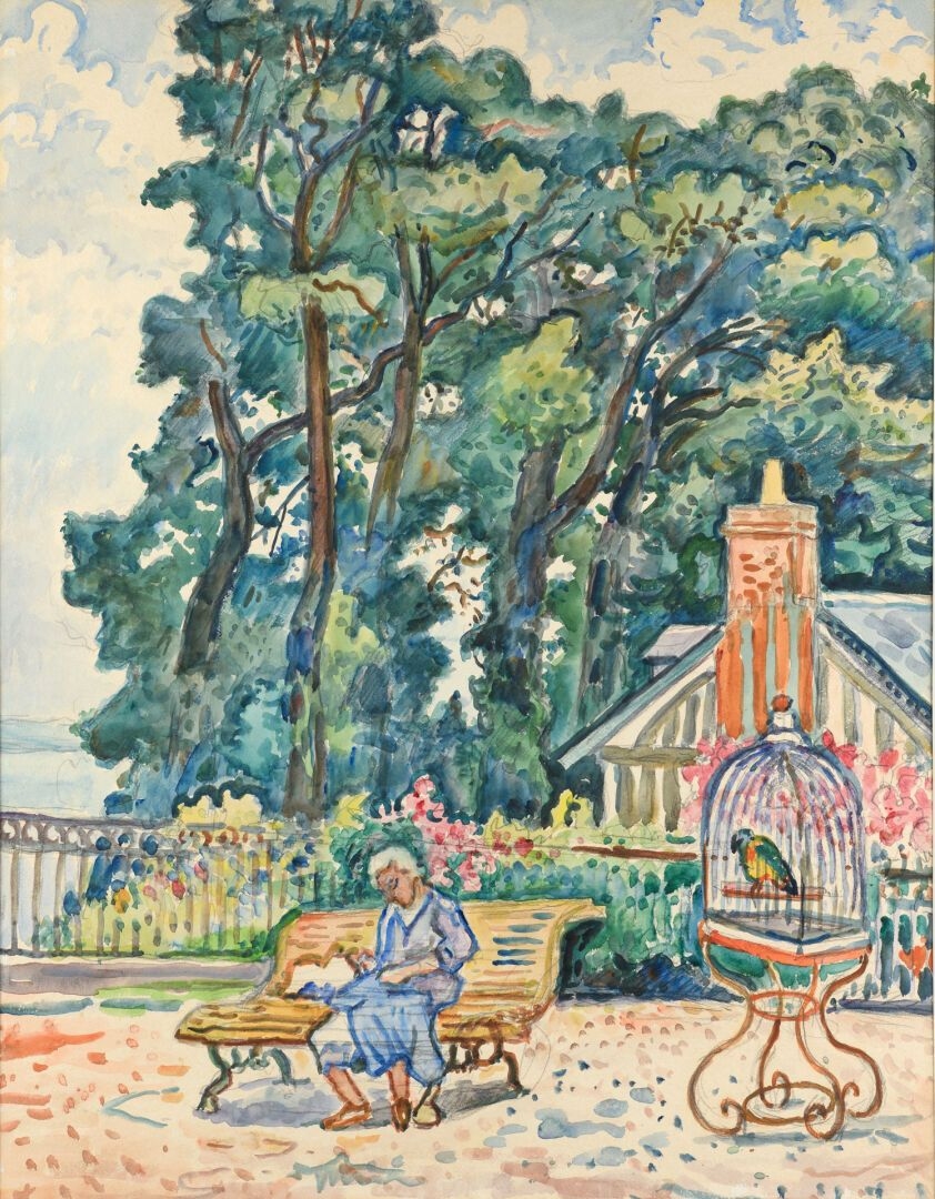 Artwork by Henri Liénard de Saint-Délis, Au repos avec son perroquet à la Côte de Grace, Made of Watercolor