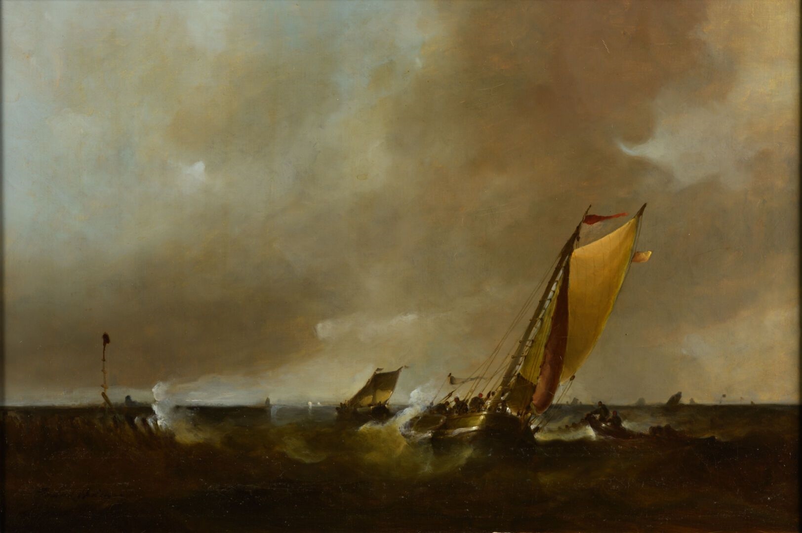 Artwork by Frans J Van der Heide, Navires près du port en mer agitée, Made of oil on canvas