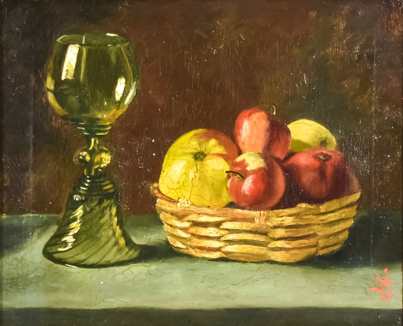 Still life with basket of fruit and wine glass - J. W.