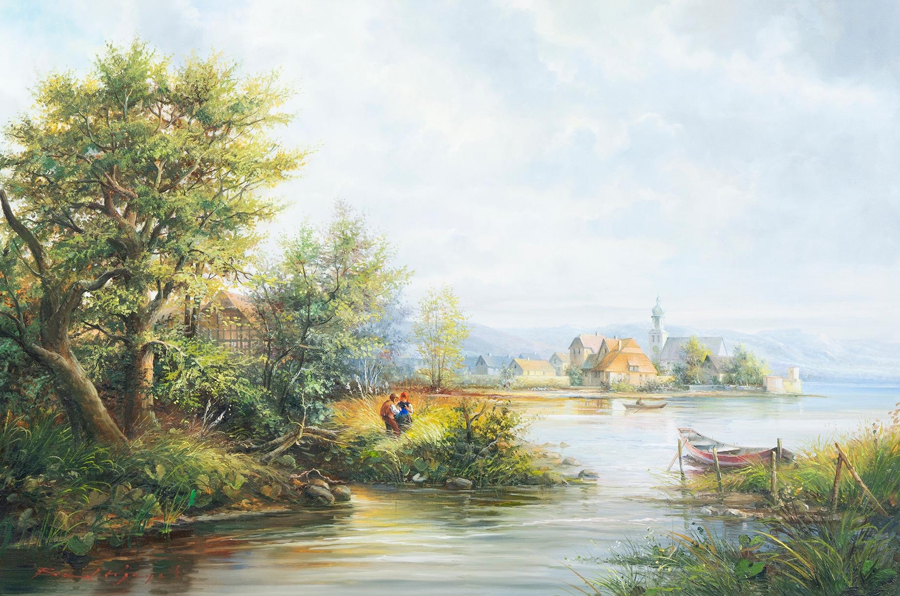 Artwork by Bernd Gagel, Village On A River, Made of Oil on linen