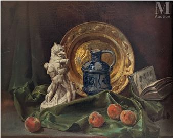Nature morte aux pêches et à la sculpture - A. Petit