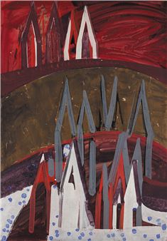 A layered abstract composition featuring sharp geometric spires against a rich red and gold background.