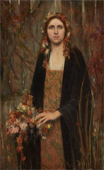 Portrait de femme en robe couronnée de fleurs by Symbolism School