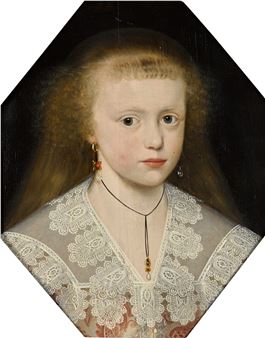Portrait of a young woman called Elizabeth, bust-length, wearing a lace decorated collar over a pink dress - Gilbert Jackson