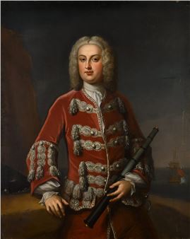 A portrait of Captain William Hervey (1699–1776), three-quarter length, holding a telescope, with a British ship in the distance - John Fayram