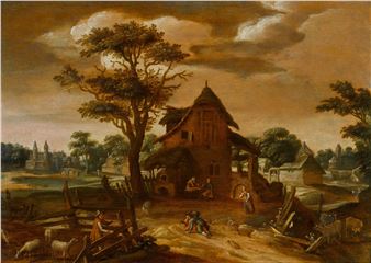 A landscape with figures and animals by farm buildings - Johannes Urselincx