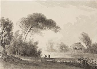 River landscape with figures, grey wash drawing, 17 x 24cm - William Henry Barnard