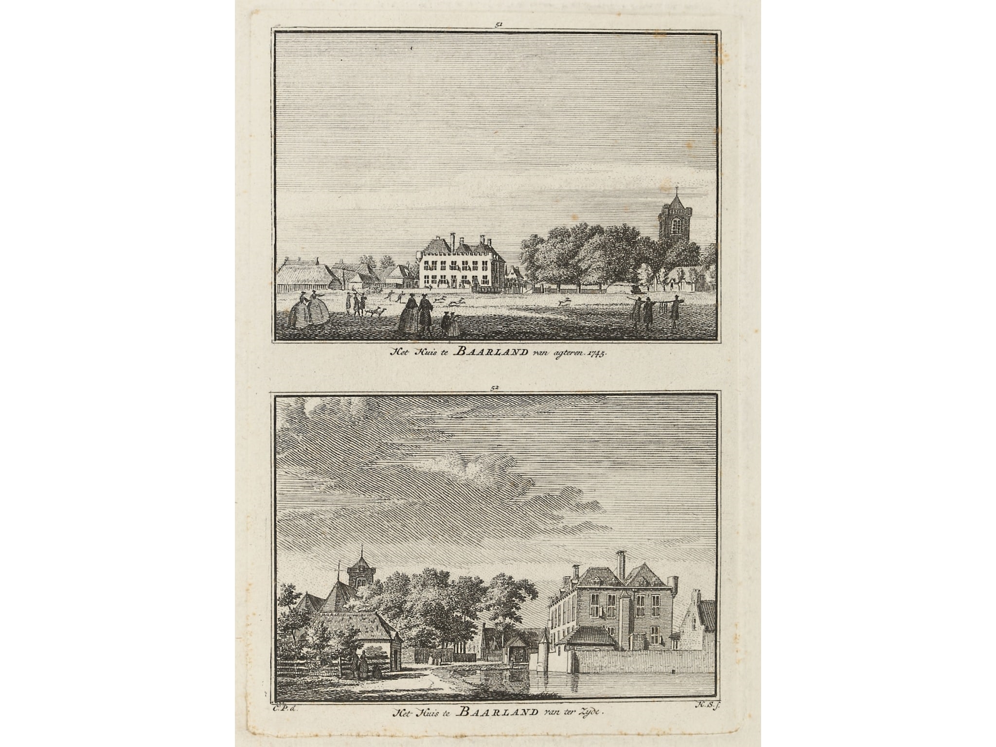 Het Huis te Baarland van agteren.- Het Huis Baarland van ter Zijde by Cornelis Pronk, Hendricus Spilman, 1745