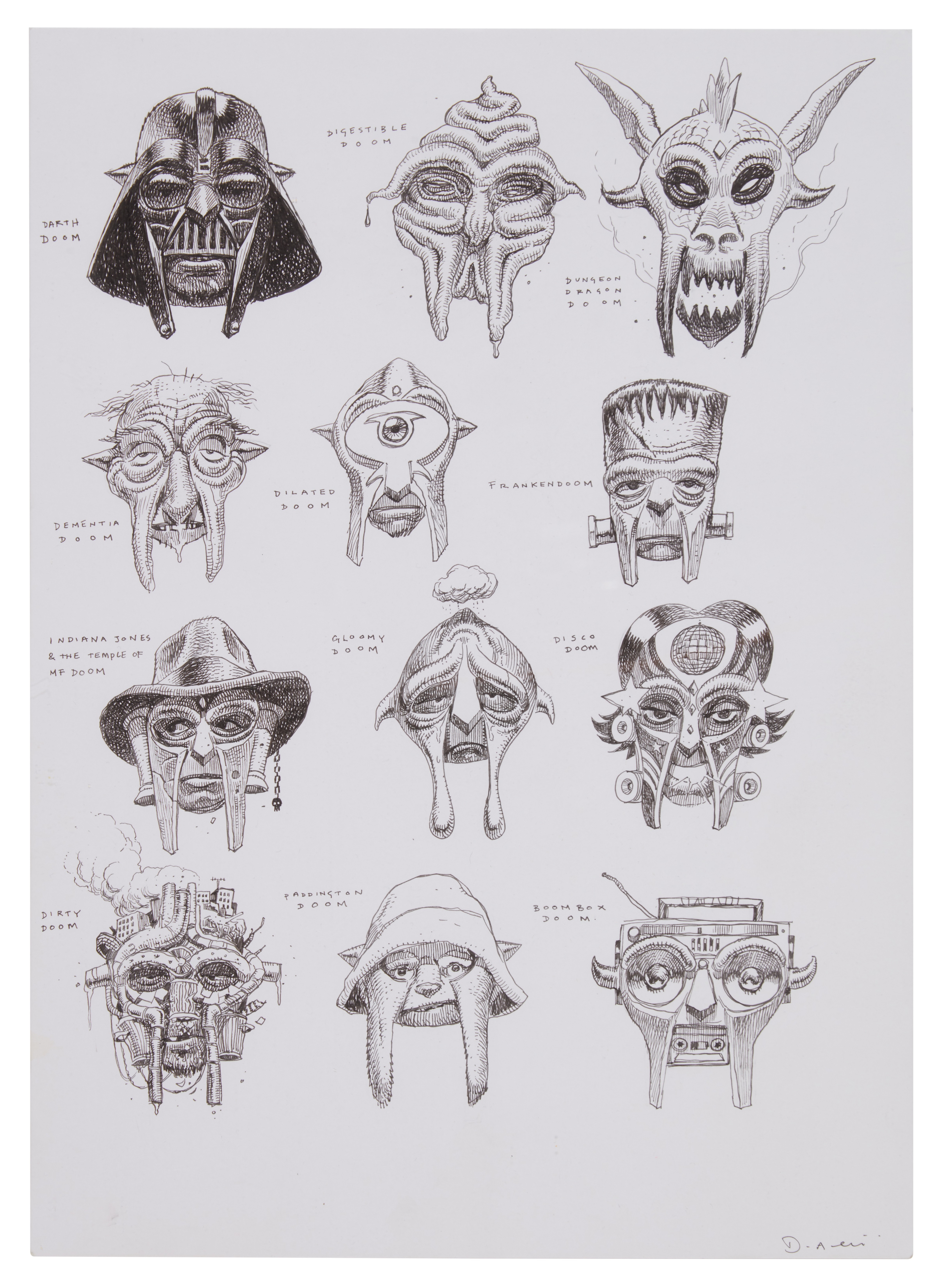 Artwork by Dan Lish, "50 Faces of DOOM" nine original illustrations by Dan Lish, Made of ink pen on Bristol board paper panels