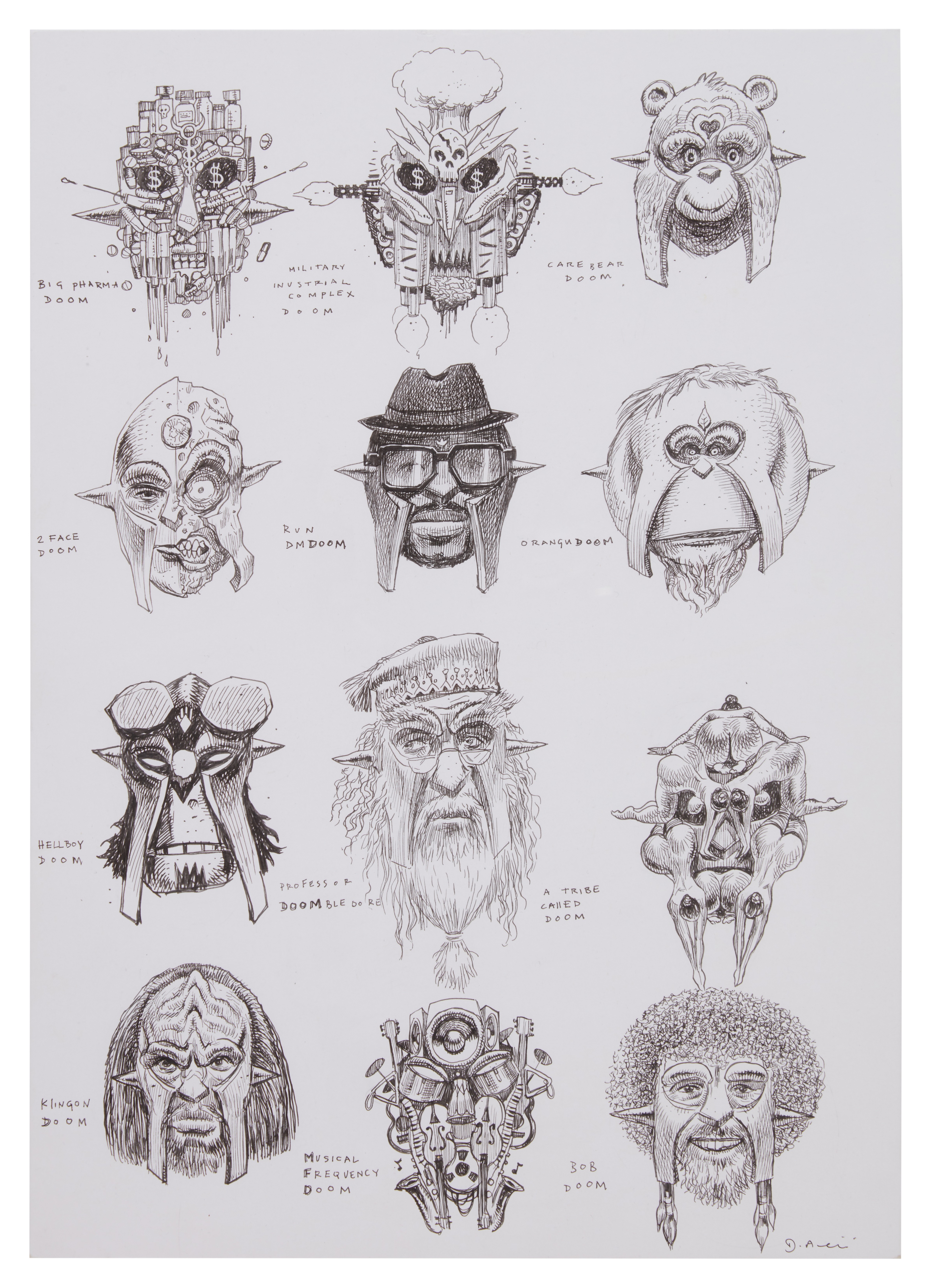 Artwork by Dan Lish, "50 Faces of DOOM" nine original illustrations by Dan Lish, Made of ink pen on Bristol board paper panels