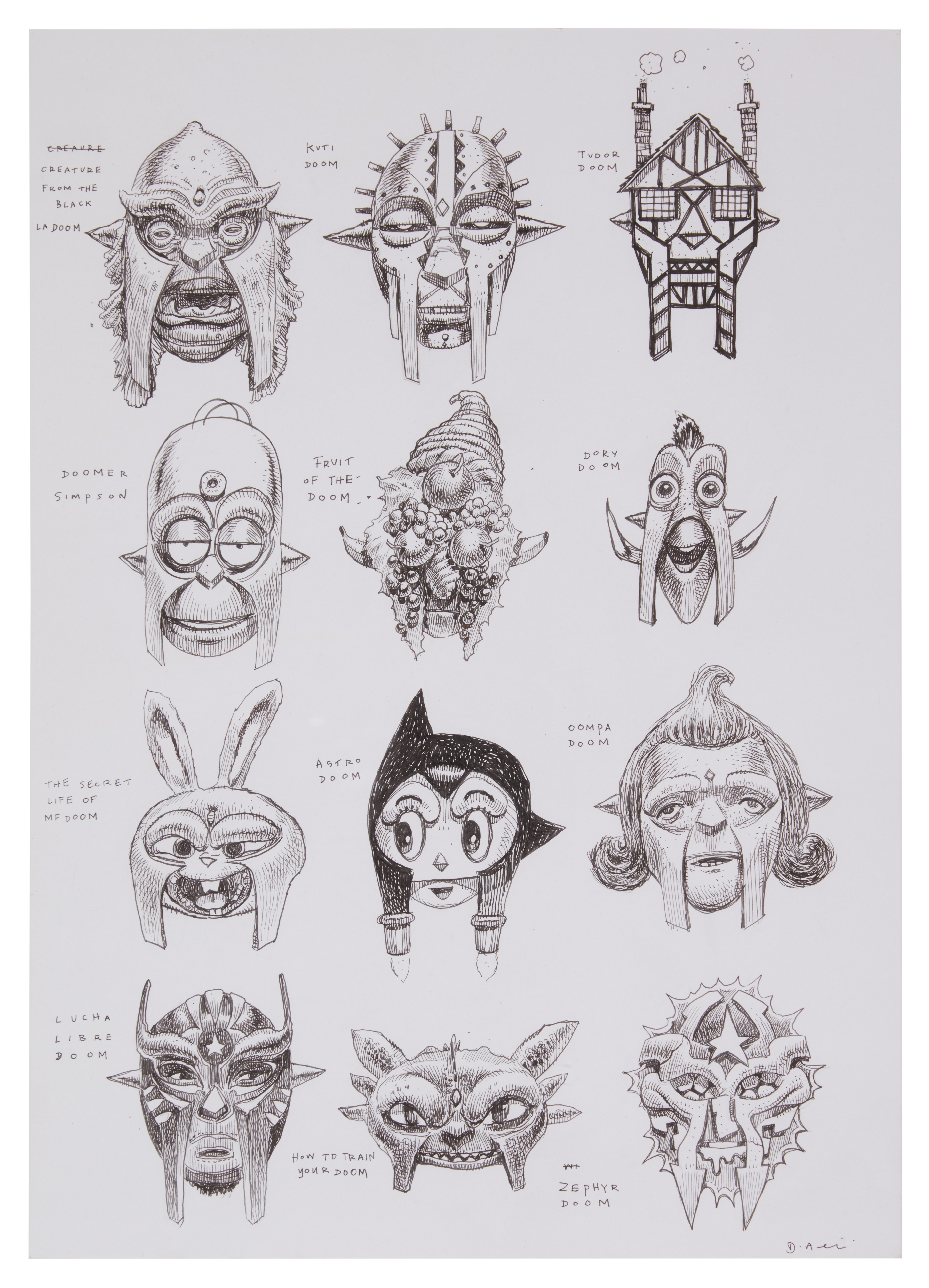 Artwork by Dan Lish, "50 Faces of DOOM" nine original illustrations by Dan Lish, Made of ink pen on Bristol board paper panels