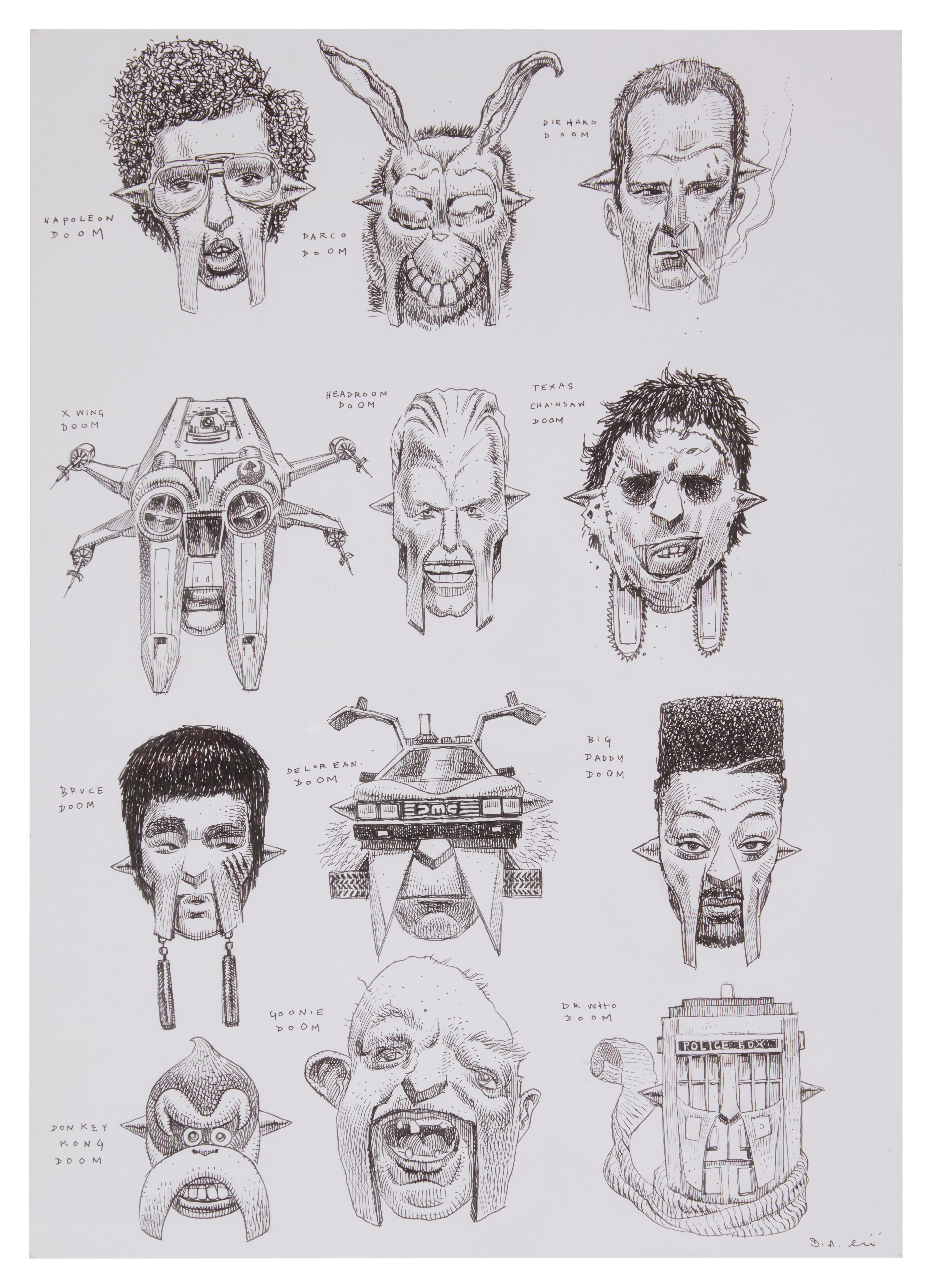 Artwork by Dan Lish, "50 Faces of DOOM" nine original illustrations by Dan Lish, Made of ink pen on Bristol board paper panels