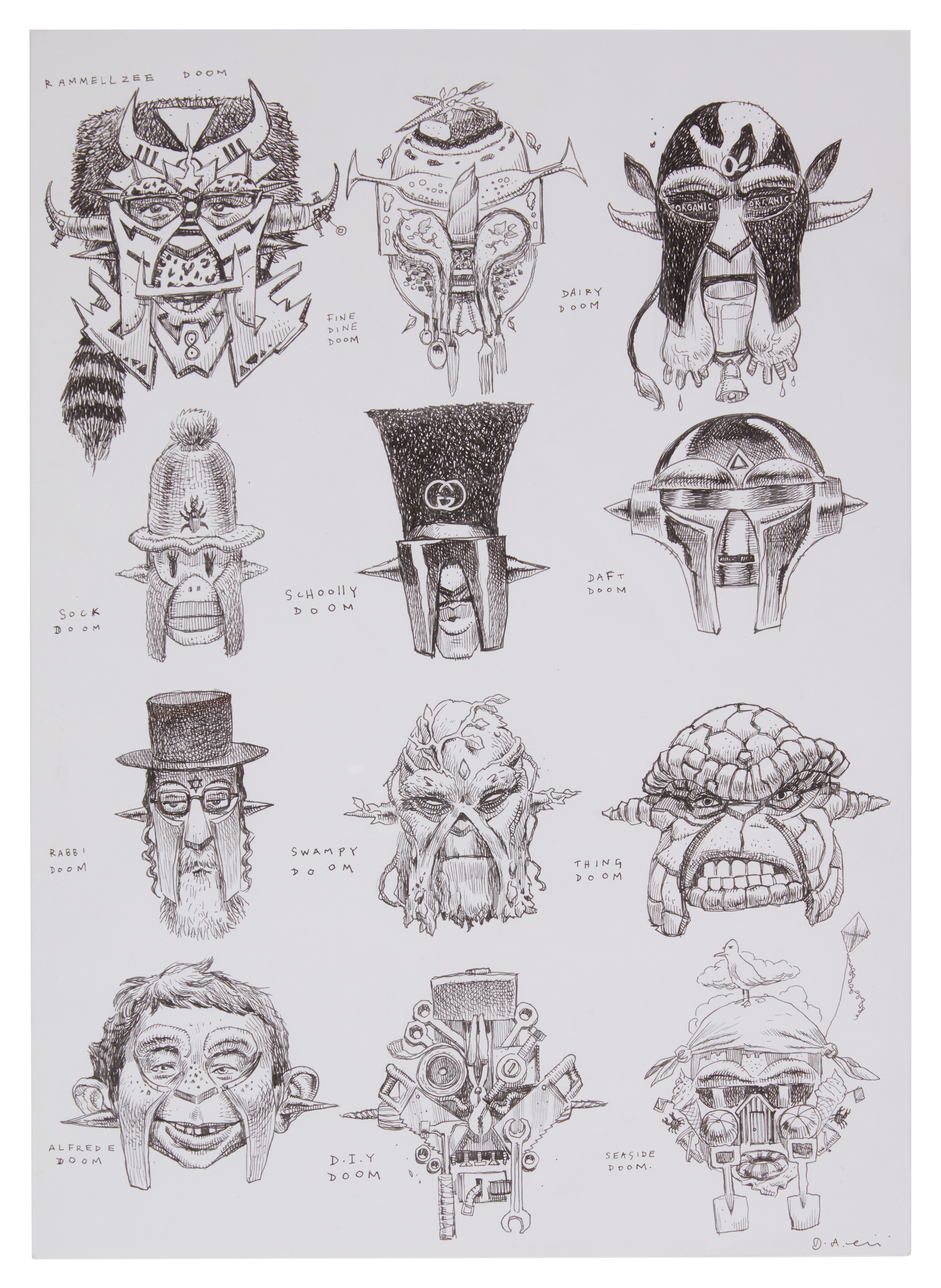 Artwork by Dan Lish, "50 Faces of DOOM" nine original illustrations by Dan Lish, Made of ink pen on Bristol board paper panels