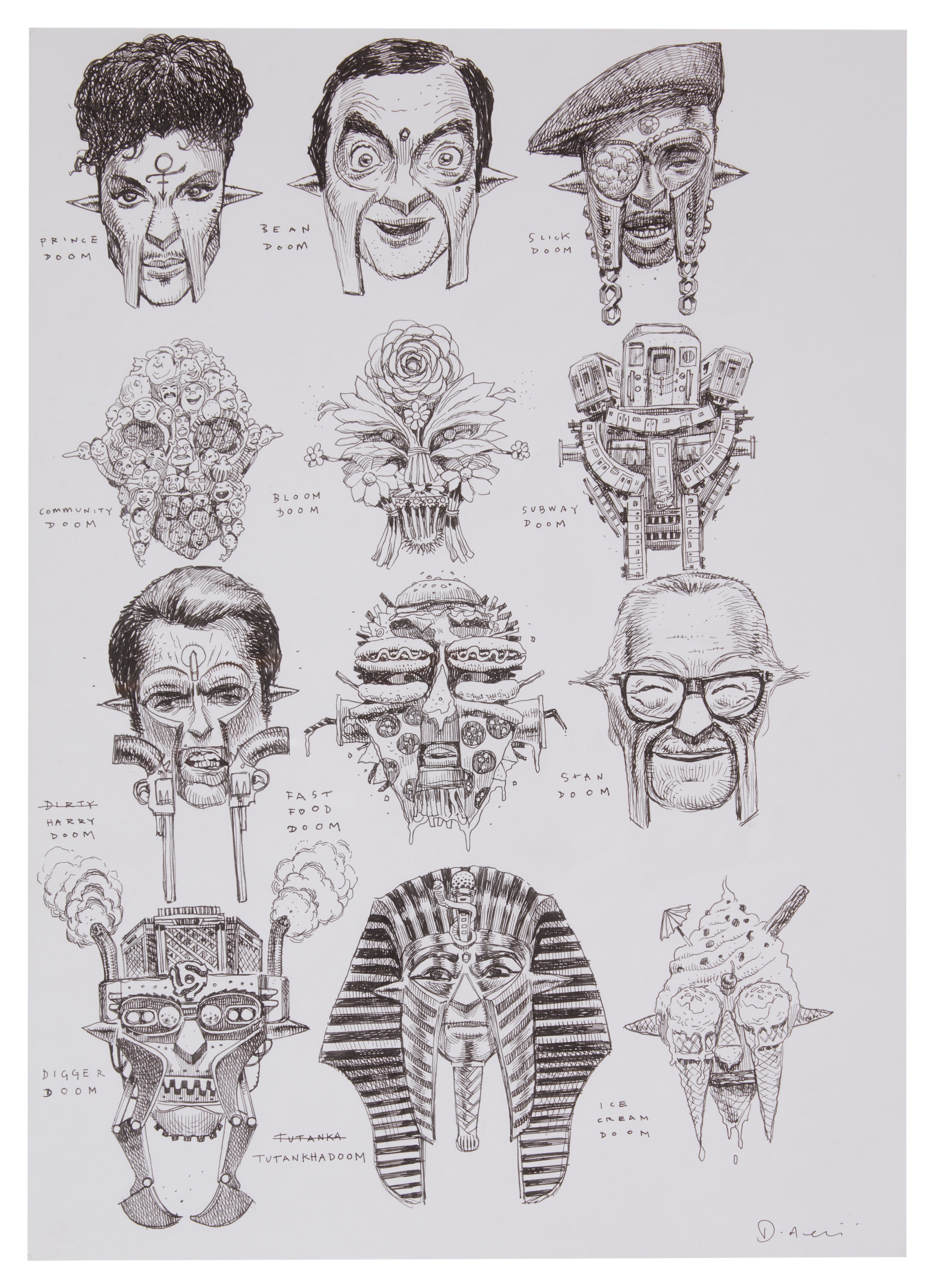 Artwork by Dan Lish, "50 Faces of DOOM" nine original illustrations by Dan Lish, Made of ink pen on Bristol board paper panels