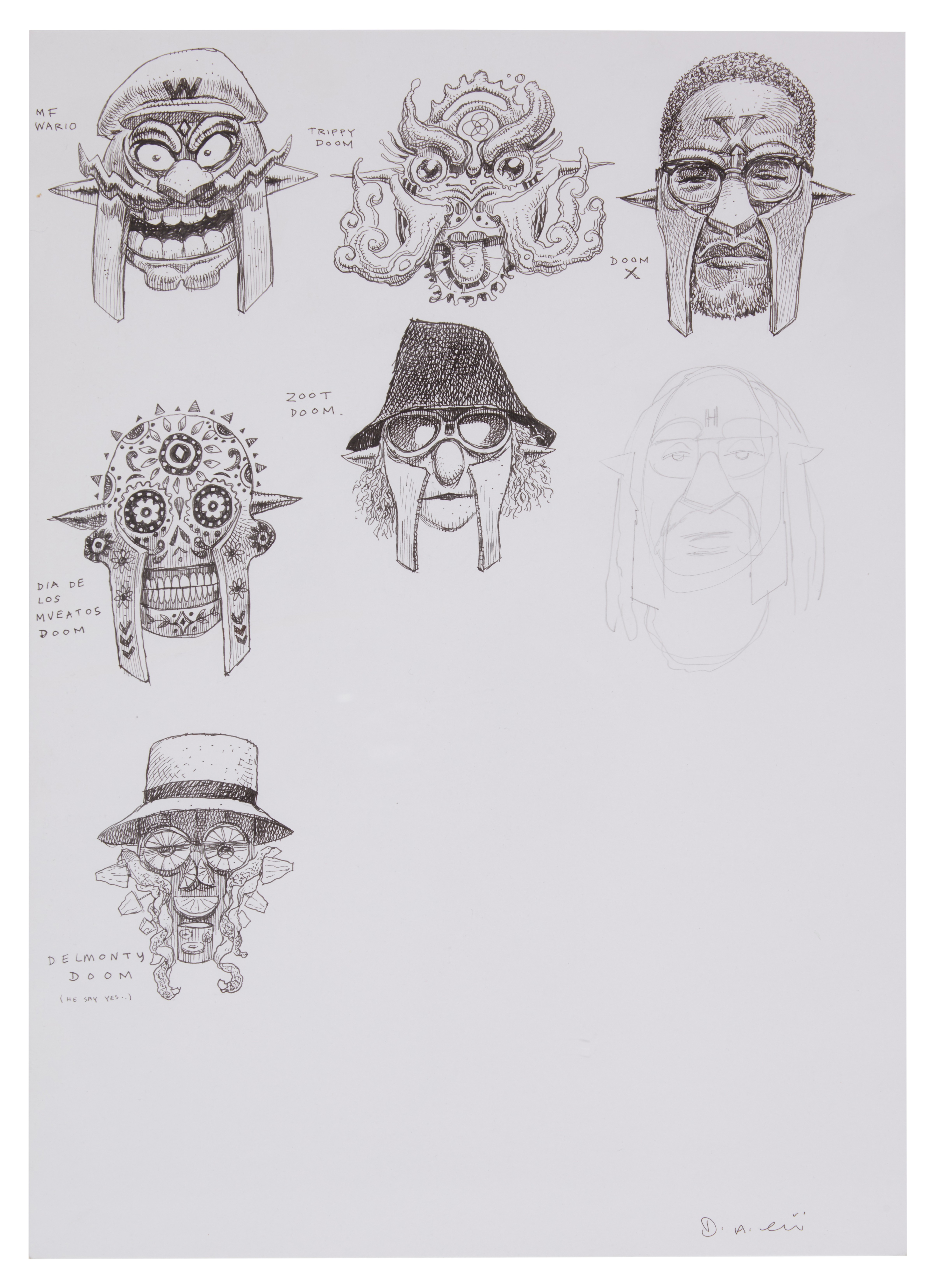 Artwork by Dan Lish, "50 Faces of DOOM" nine original illustrations by Dan Lish, Made of ink pen on Bristol board paper panels