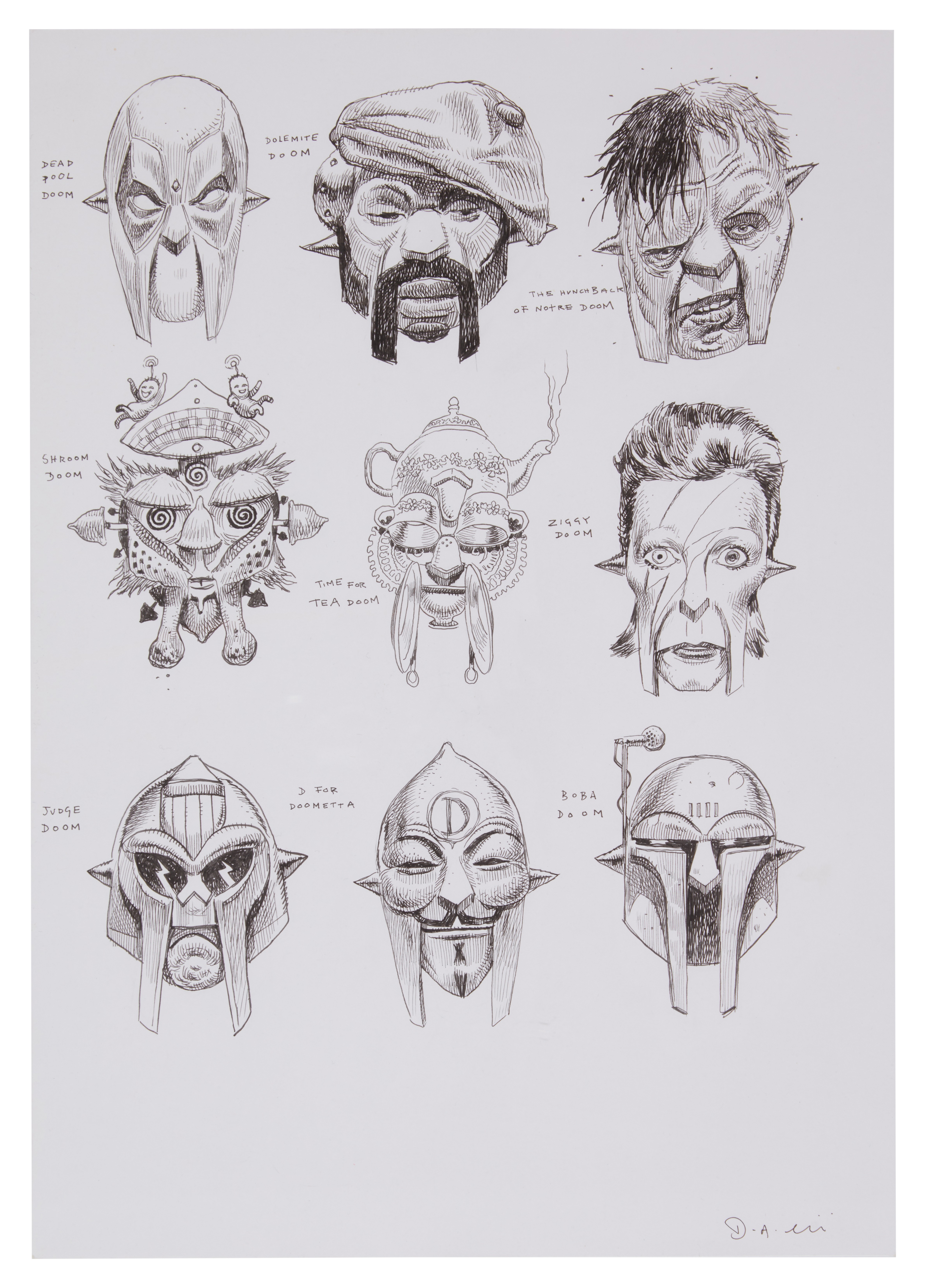Artwork by Dan Lish, "50 Faces of DOOM" nine original illustrations by Dan Lish, Made of ink pen on Bristol board paper panels