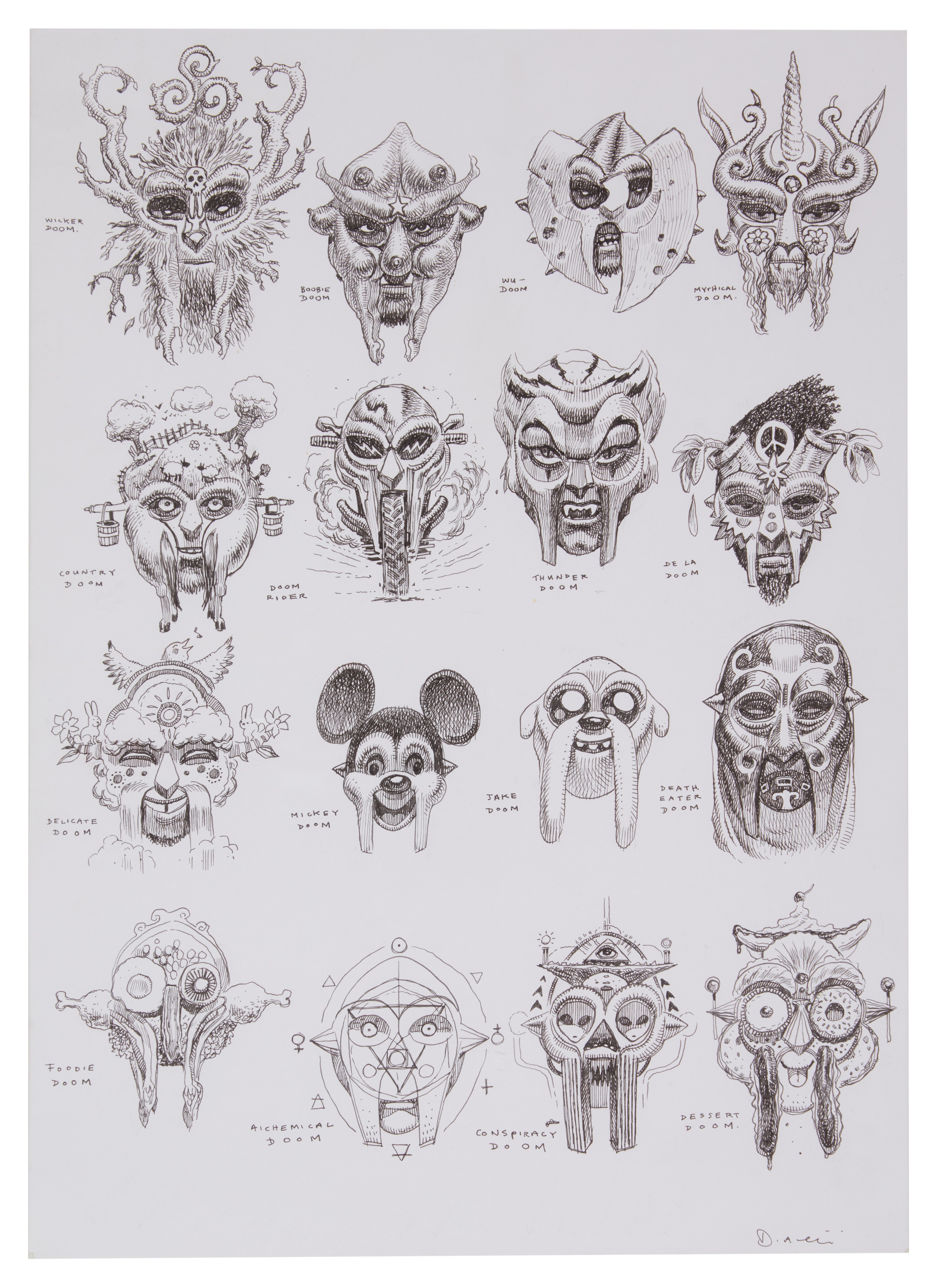 Artwork by Dan Lish, "50 Faces of DOOM" nine original illustrations by Dan Lish, Made of ink pen on Bristol board paper panels