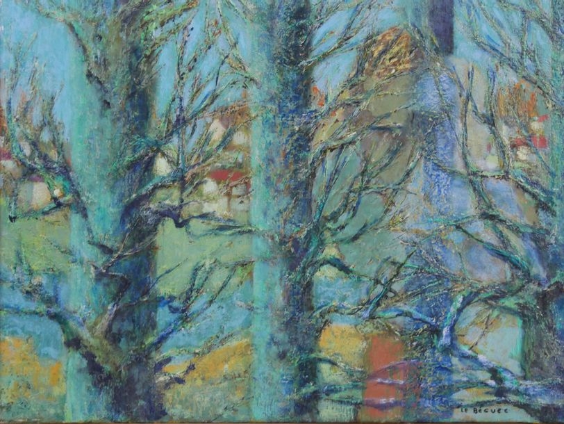Artwork by Monique Le Béguec, Village at the river, Made of oil on canvas