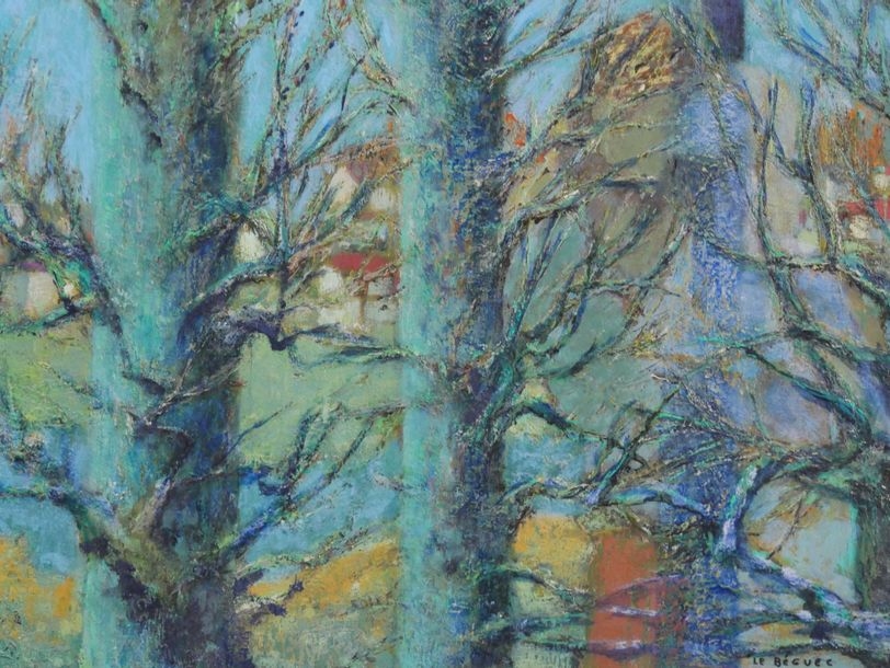 Artwork by Monique Le Béguec, Village at the river, Made of oil on canvas