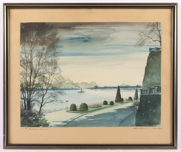 Artwork by Ernst Meurer, "Das Bonner Rheinufer am Alten Zoll", Made of watercolor/ Paper