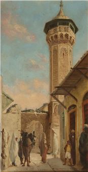 A vertical oil painting of a sunlit Middle Eastern street scene featuring a tall minaret and figures in traditional dress.