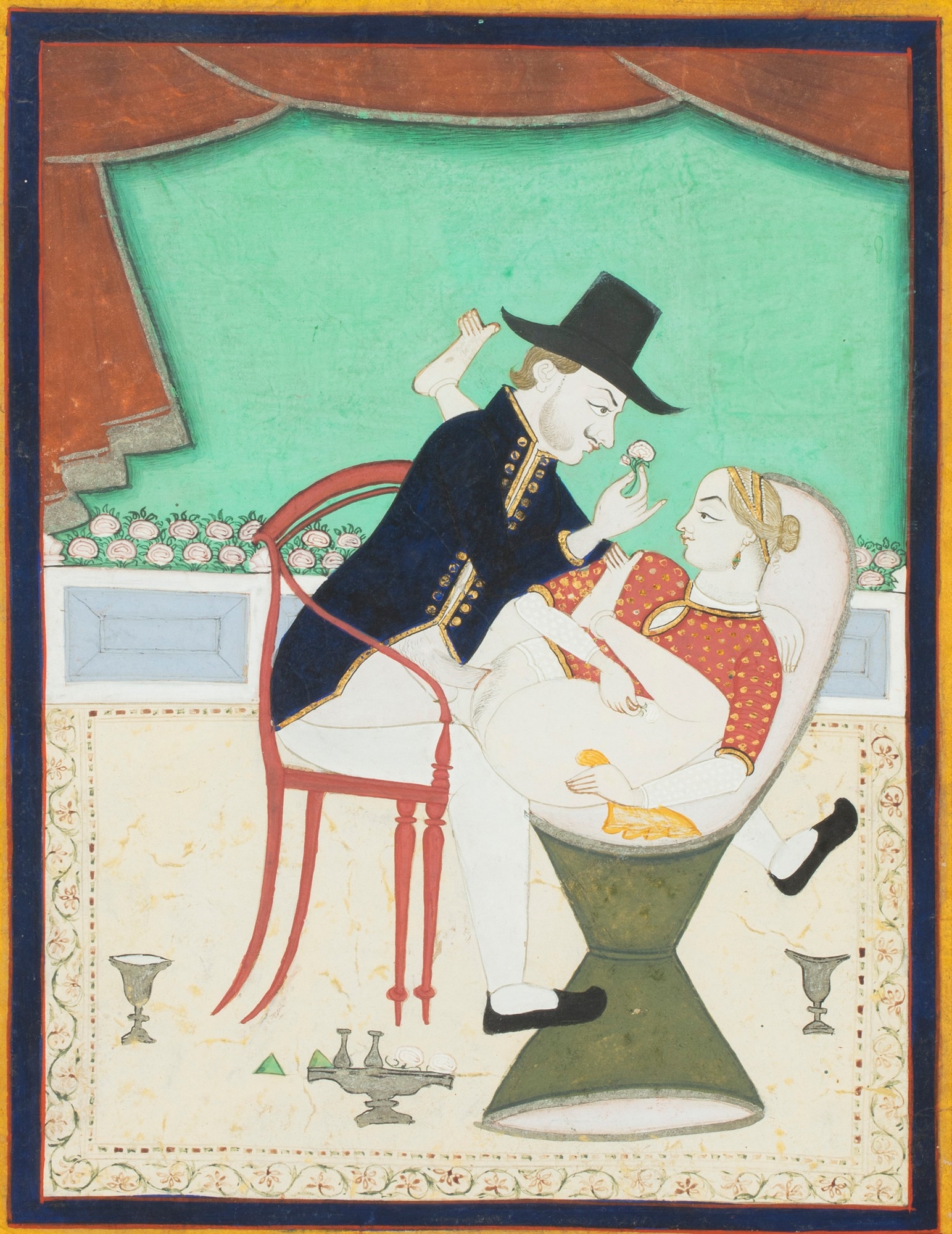 An Indian miniature depicting European s in an erotic scene, gouache and gold on paper, India, Rajasthan, Kotah, mid-19th century by Rajasthan School, 19th Century, mid-19th century