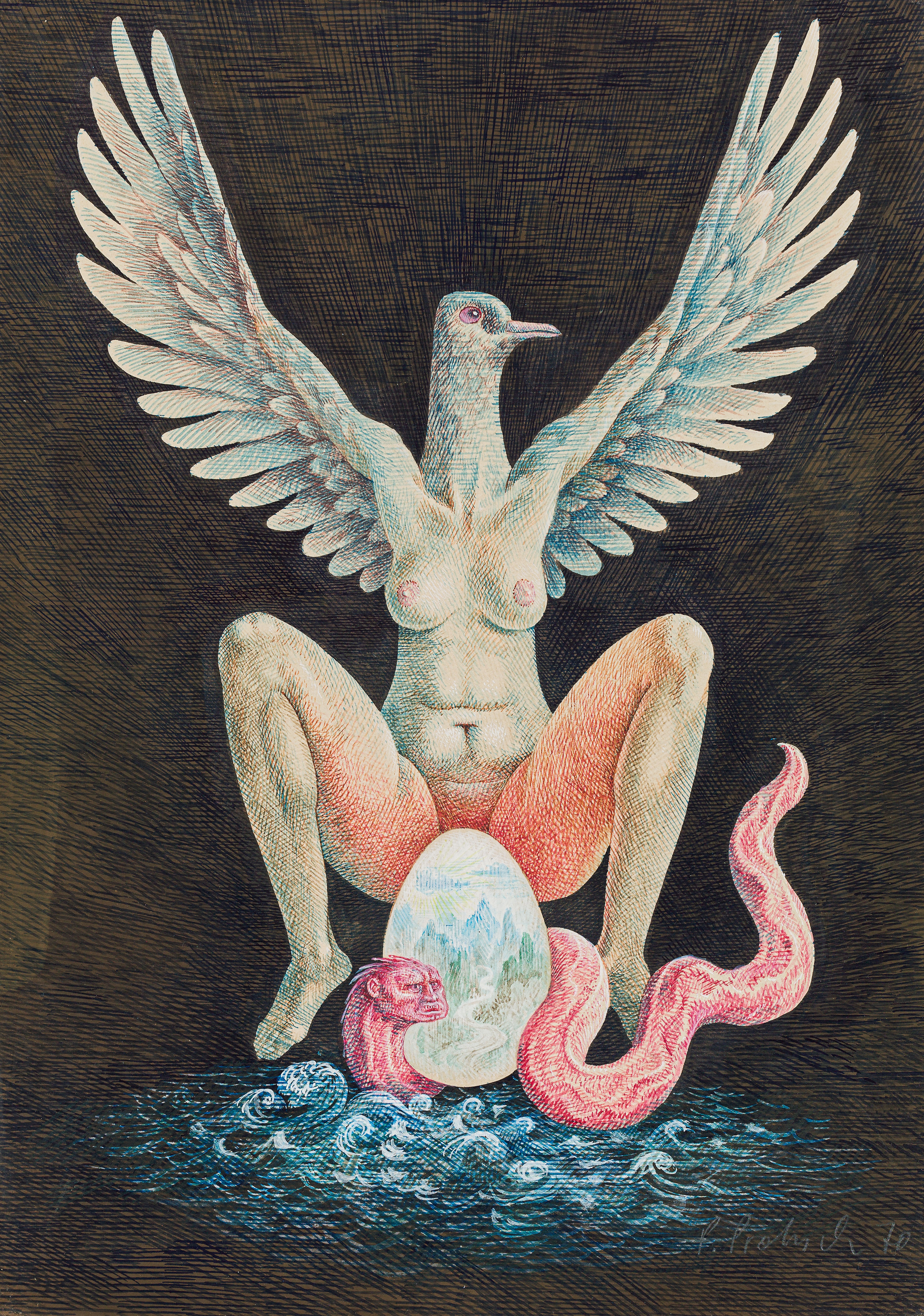 Artwork by Peter Proksch, Das Weltei, Made of mixed media on paper