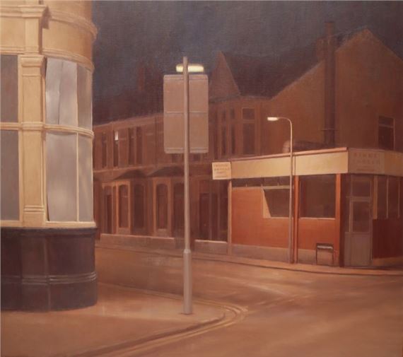 A Street Scene in Cardiff with Kings Carpets Beyond by Harry Holland