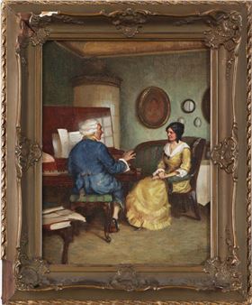 Die Klavierstunde (Klavierlehrer in blauem Gehrock mit schüchterner Elevin in Biedermeier-Salon) - Max von Clarmann von Clarenau