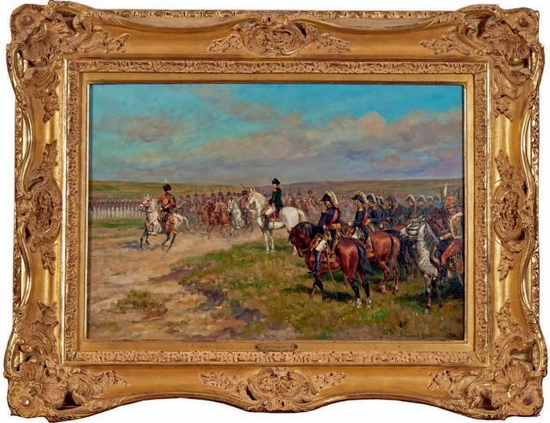 L'Empereur Napoléon Ier et son état-major passant en revue le 4e régiment de hussards by Raymond Desvarreux