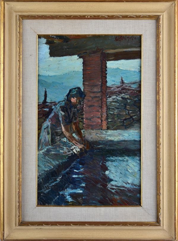 Artwork by Paolo Ghiglia, Laundress, Made of Oil on plywood