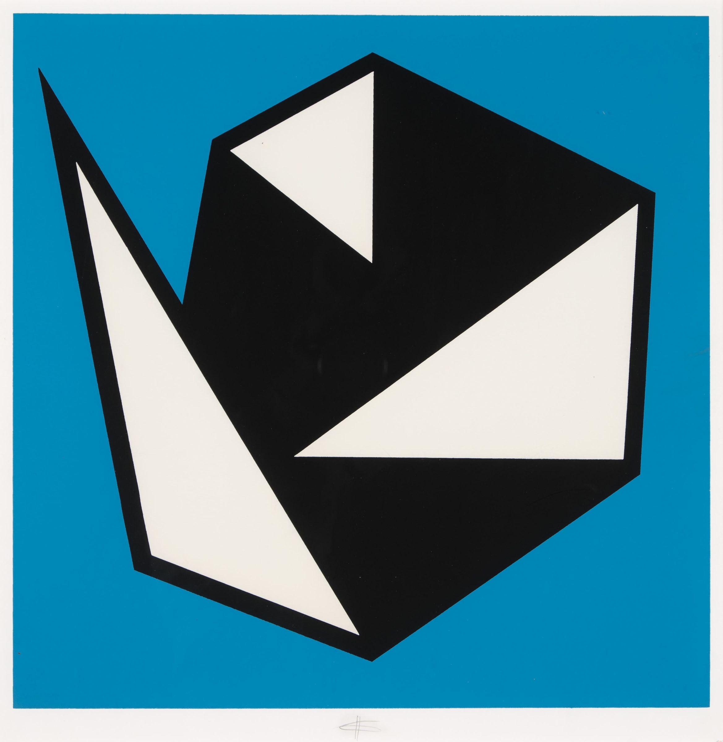 Artwork by Hermann Glöckner, Drei weiße Dreiecke, über Schwarz in Blau (Schwebend), Made of Color screenprint on cardboard