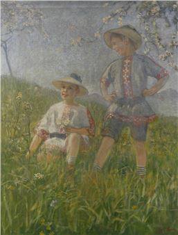 Kinder auf blühender Wiese - Ludwig Biehr