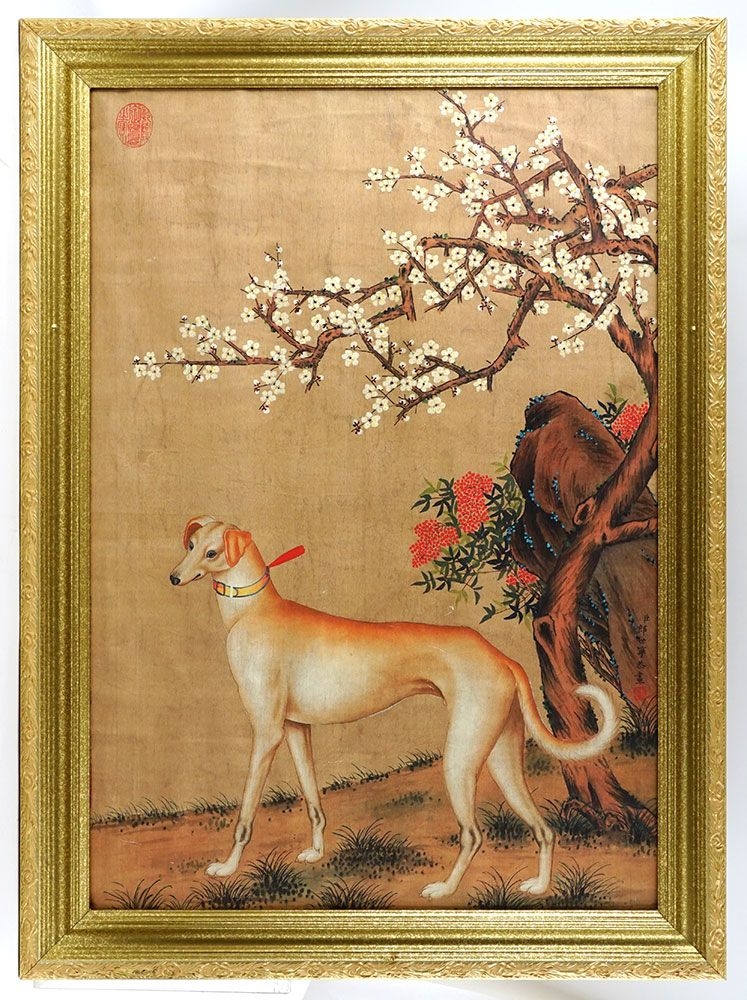 Artwork by Lang Shih-ning, Sighthounds dog standing under a cherry blossom tree (prunus), Made of Ink and oil on burlap