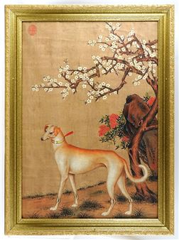 Sighthounds dog standing under a cherry blossom tree (prunus) - Lang Shih-ning