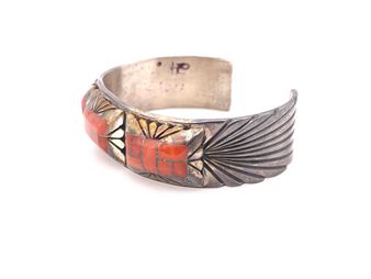 CHESTER BENALLY NAVAJO STERLING CORAL INLAY CUFF - Chester Benally