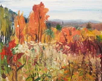A vibrant autumn landscape painting featuring a field of tall grasses and trees in fiery reds, oranges, and yellows.